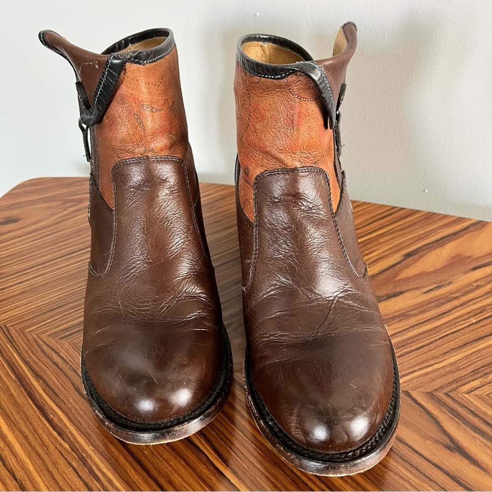 J.B. Dillon Western Cowboy 2 Tone Brown Leather Ankle Boots with Side Zip 7 1/2 - Picture 5 of 17